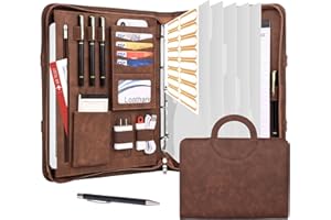 ‎LEATHARIO Leathario Schreibmappe A4 mit 5er Register DIN A4，Konferenzmappe mit 4 Ringbuch，Dokumentenmappe mit Reißverschluss，Griff，Klemmbrett,Ordner für Meeting, Business,Mappe für Schule, Uni Braun