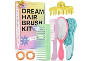 Set Spazzole per capelli Lily England, Kit da 7 Pezzi con Spazzola Districante, Spazzola per Capelli Bagnati, Pettine, Elastici & Pinza per Capelli, Regalo Natale – Regalo Donna