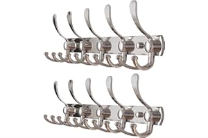 FairyCity Coat Hooks Wall Mounted 2 Pack Metal Coat Hooks Rail,5 Tri Hooks Wall Coat Hanger Rack for Great Home Storage Organization in Bedroom,Bathroom（Silver）