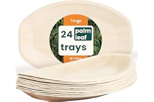 HAAGO 24 Large Palm Leaf Serving Trays – 35×25cm Disposable Oval Platters, Microwave & Freezer Safe for Hot & Cold Food – Rustic Buffet, Canape, Starters, BBQ & Charcuterie Catering Trays