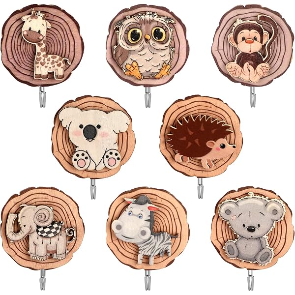 Porte-Manteau Enfant Mural 6 Pièces - Crochets Animaux Adhésifs Bois - Déco Chambre Kids
