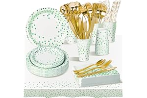 AIPartywar 226 Pcs Piezas Blanco Verde Cumpleaños Vajilla de Fiesta, Platos y Vaso Cumpleaños Infantil, Juego de vajilla para Fiestas Platos Vasos Servilletas Cubiertos -25 Invitado