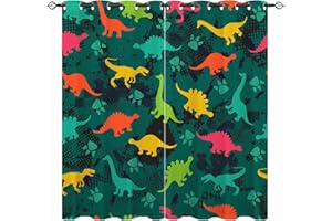 YUANZU Dinosaur Curtains - Kids Boys Colorful Fun Dino Jungle Animals Wildlife Print Pattern Eyelet Blackout Thermal Insulated & Room Darkening Window Drapes for Bedroom 2 Panels W117cm x D137cm