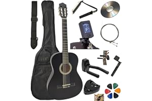AMROVA Pack Guitare Classique 4/4 (Adulte) 10 Accessoires Cour Vidéo et CD (Noir, 4/4, Gauche)