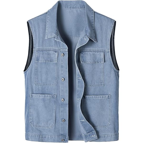 Gilet En Jean Homme Col V – Style Décontracté Unisexe Sans Manches – Délavé Vintage Avec Multiples Poches Et Boutons