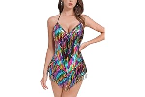 IMEKIS Women Sequins Fringe Bodysuit Halter V Neck Music Festival Leotard Shiny Latin Jazz Tango Ballroom Dance Costume Rave Outfit