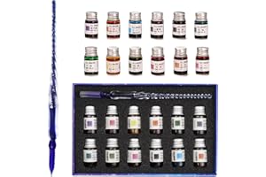 AOKUY Lot de 12 flacons d'encres colorées, avec stylos en verre, convient à la calligraphie, pour l'art, l'écriture, les signatures, la décoration, les cadeaux, bleus