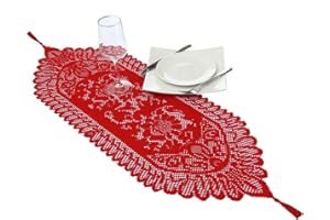 mookaitedecor 13x35 Inch Red Lace Table Runner for Wedding Festival Party Christmas Table Centrepiece Home Desk Decor, Vintage Elegant Floral Small Coffee Dressing Table Runner with Tassels