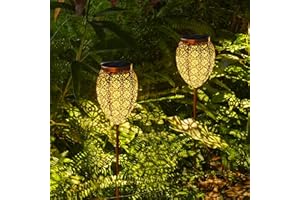 JOYCREATOR Metalowe lampy solarne do ogrodu, 2 sztuki, lampy solarne LED do użytku na zewnątrz, IP65, odporne na warunki atmosferyczne, kwiatowe, lampy ogrodowe, solarne oświetlenie ścieżek na balkon