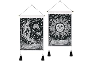 Yugarlibi Juego de 2 tapices pequeños de esqueleto con borlas, gótico de Halloween sol y luna para colgar en la pared, decoración gótica del hogar para dormitorio, estética de 35x50 cm