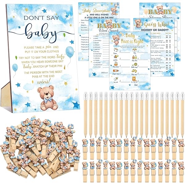 Sinasasspel Teddy Bear Baby Shower Game Set – 302 Pieces, 6 Games For 50 Guests, Gender Neutral, Cards 5x7 Inches