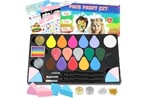 JSVACVA Kinderschminke Set, 17 Farben Professionelle Schminkfarben Größere Kapazität Grundfarben Split Cake mit Schablonen, Glitzer, Pinseln und Schwämmen für Kinder KörperGesichtsFarben