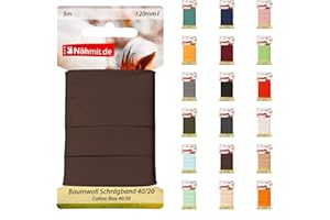 Nähmit 5m Karte Baumwoll Schrägband, 100% Baumwolle 20mm Breit - 40/20 vorgebügeltes Schrägband (A20-Braun, 5m Karte)