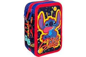 Clondo Estuche para lápices con 3 compartimentos, 44 accesorios escolares, 20 cm, Stitch 24, Estuche para