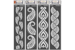 CrafTreat Reusable Paisley Stencils for Painting on Wood, Paper, Floor and Wall - Peacock Feathers Border, Paisley Border, Border VII and Border VIII - 4 Pcs - 3x12 Inches Each - DIY Craft Stencils