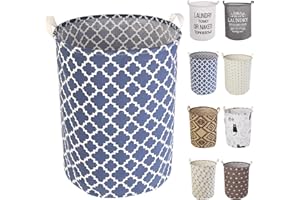 LessMo 17.7" Laundry Hamper, Collapsible Storage Basket with Easy Carry Handles, Waterproof Round Cotton Linen, for Baby Products, Toys, Bedroom Hamper