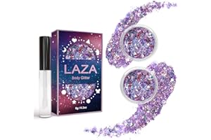 Laza Body Glitter, 2 Jars Iridescent Chunky Sequins with Glitter Glue Perfect for Women Eyeshadow Makeup Face Paint Festival Rave Outfits Hair Accessories Carnival Party Costumes - Colorful Purple