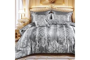 MOVE OVER 8 Pieces Gray Satin Comforter Set King Size Silk Like Satin Bed in a Bag Soft and Elegant Euro Floral Comforter Set with Sheet Set Boho Chic Flower Pattern Luxury Bedding Set