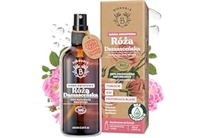 BIONOBLE Woda różana Bio | hydrolat z róży damasceńskiej 100% czysta i naturalna | bez dodatku alkoholu | twarz, okolice oczu, ciało, włosy | różana woda | butelka szklana + spray (100 ml)