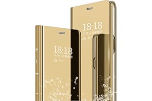 SZMLOGB MLOTECH Hülle für Samsung Galaxy A14 5G / A14 4G Handyhülle mit Gehärtetes Glas schutzfolie Flip Transluzent View Miroir Cover Anti-Schock Spiegel Standfunktion Schutzhülle Gold