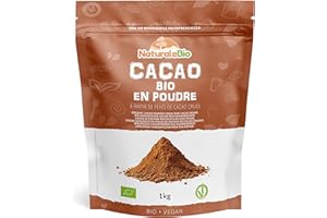 Poudre de Cacao Bio 1 Kg. Organic Cacao Powder. Naturel et Pur à partir de Fèves de Cacao Crues. Produit au Pérou par la Plante Theobroma Cacao. Source de Magnésium, Manganèse et Phosphore.