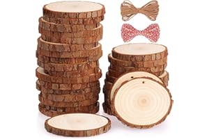 Fuyit Tranches de Bois Naturel 30 Pcs 7-8cm bois brut Inachevé pré-percé avec Trou Rondin de Bois Idéal pour Les Arts et l'artisanat Décorations de Noël Artisanat Bricolage