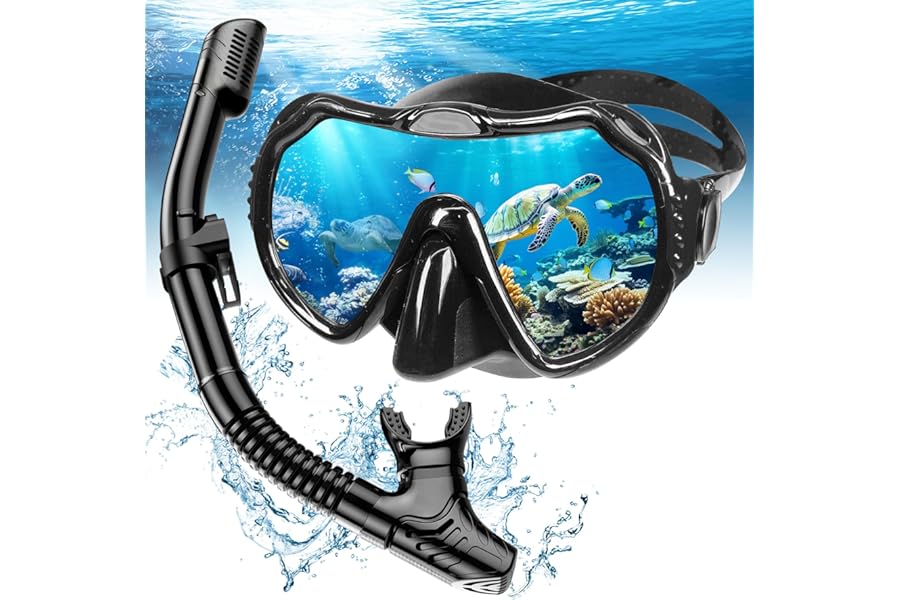 Snorkel Set Adults, Scuba Snorkelling Packages with Anti-Fog Panoramic View Swimming Goggles,Dry Snorkel Set Suitable for Snorkeling Diving Swimming