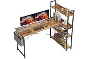 CubiCubi Petit bureau d'ordinateur en forme de L, 140 cm, avec étagères, bureau d'angle pour bureau à domicile, pour écrire, avec sac de rangement, marron rustique
