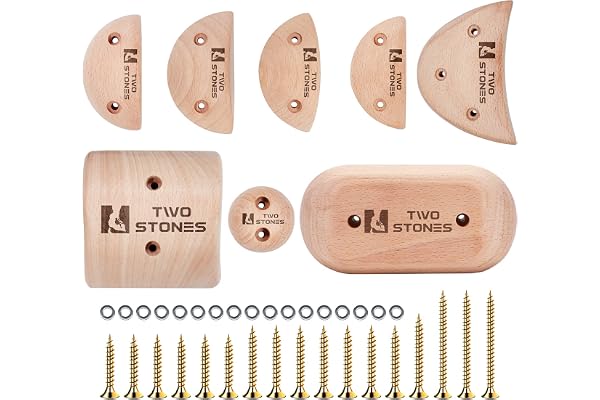 TWO STONES Wooden Rock Climbing Holds Kids and Adults | Wood Rock Wall Climbing Holds Kids and Gyms | Variety Screw on Climbing Hand Holds Set with Mounting Hardware