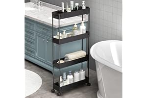 SPACELEAD SAKA Chariot de Rangement Fin à 4 Niveaux pour Salle de Bain – Chariot de Rangement Coulissant – Étagère Mobile pour Bureau, Salle de Bain, Cuisine, buanderie, endroits étroits, Noir