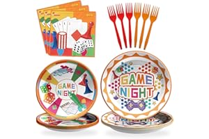 SCIONE 96PCS Party Plates Game Night Party Tableware Includes Paper Plates,Napkins, Reusable Forks for Game Themed,Birthday Party,Serves 24