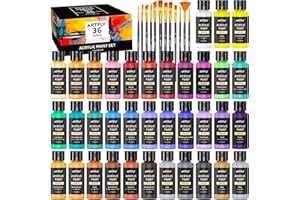 ARTFLY Peinture Acrylique Kit, 36 Couleurs × 60ml, avec 12 Pinceaux, Non Toxique, Riche Pigmentée, Peintures pour Débutant et Artiste pour Papier, Roche, Bois, céramique, Tissu