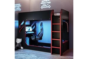 Flair Furnishings Recoil - Single High Sleeper Bed for Kids, Gaming Bed with Desk and LED Lighting, Heavy Duty and Sturdy, TV Compatible, Space-Saving Design (Black)