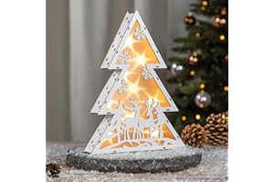 Spetebo Drewniana choinka LED 30 cm – renifery – dekoracyjna podstawka, ciepła biel, podświetlana – Boże Narodzenie, adwent zima, oświetlenie stołu, zasilanie bateryjne