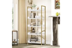 YITAHOME Librería de 5 Niveles, Estantería Industrial para Libros de Piso, Estante de Madera y estanterías con Marco de Acero Estable con 4 Ganchos para Sala de Estar, Oficina en casa, Dorada