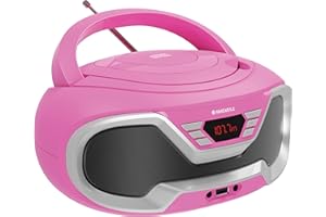 Oakcastle CD200 Portable CD Player Boombox with Bluetooth & FM Radio, 3.5mm AUX headphone jack and USB input, mains and battery music system for adults and children with stereo sound speakers (Pink)