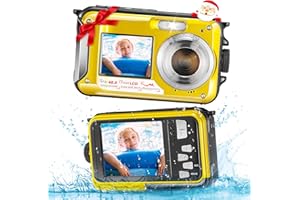 Jradse Appareil Photo Numérique Étanche, Caméra sous-Marine HD 2.7K 48MP avec Double Écran pour Snorkeling 3M pour Nager, Zoom Numérique 16X Anti-Secousse, Jaune