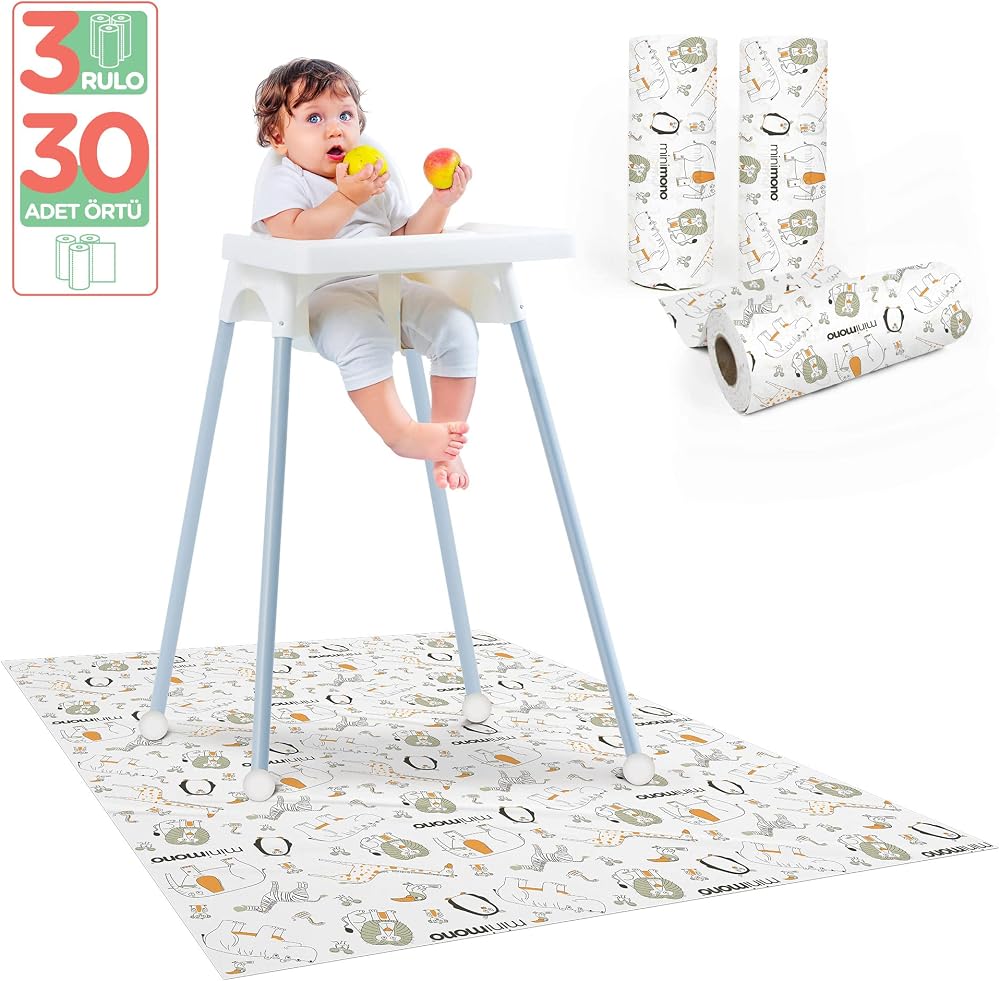 Minimono Mama Sandalyesi ve Aktivite Örtüsü| 3 Farklı Desen Seçeği | Tek Kullanımlık | Kullan At Sıvı Geçirmez | 100x120 cm | 30 Adet (Orman Hayvanları)