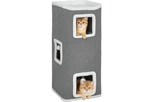 PawHut Kratztonne 100 cm Hoch 41 x 41 cm vierstöckige Katzentonne mit Spielball, Plüschrand, Katzenhöhle, Kratzbaum für 1-2 Katzen unter 7kg, Grau