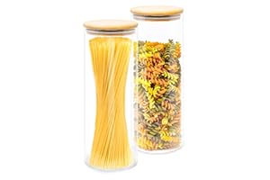 LG Luxury & Grace Pack 2 Botes de Cristal, 1,9 L (28,5x10 cm). Tarros de Cocina con Tapa de Bambú. Envases Herméticos para Alimentos con Anilla de Silicona. Incluyen Etiquetas y Rotuladores.