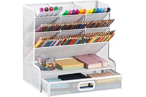 ‎MARBRASSE Marbrasse Netz-Schreibtisch-Organizer,Multifunktionaler Stiftehalter,Organizer Schreibtisch,Aufbewahrungs Regal für Schul und Heim Büro Bedarf (Weiß mit Schublade)