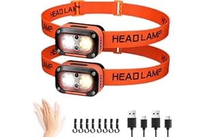 ‎DARKBEAM DARKBEAM Latarka czołowa LED wysokiej jasności ładowana, biała, ciepła, czerwona lampka czołowa do kasku z czujnikiem ruchu, wodoodporna head light do biwakowania, joggingu, turystyki pieszej, 2 szt