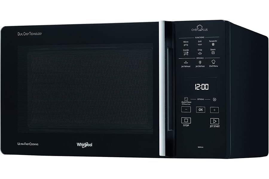 Whirlpool MCP 349 BL Chef Plus Combined Fan Microwave with High Grill, Low Grate, Crisp Plate + Handle, 25 Litres, Black