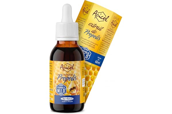 Propolis Pur Naturel 100% – Extrait Liquide 60 ML | sans Alcool et sans Allergènes – Riche en Flavonoïdes | Système Immunitaire, Maux de Gorge, Hygiène Bucco-Dentaire | Apicol Api-Nature