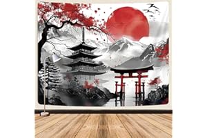 GOAOK Tapiz de anime japonés, flor de cerezo japonés, diseño floral de montaña, sol, asiático, oriental, arte abstracto, tapiz para colgar en la pared para hombres, tapices pequeños rojos y negros,
