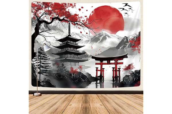 GOAOK Tapisserie d'anime japonais, fleur de cerisier japonaise, florale, montagne, soleil, asiatique oriental, art abstrait, tapisserie murale à suspendre pour homme, rouge et noir, grande tapisserie