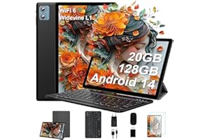 SUAAT 2025 10-calowy tablet z systemem Android 14, 20 GB pamięci RAM + 128 GB pamięci ROM, 8-rdzeniowy procesor 2,0 GHz, WiFi 6, Widevine L1, tablet dotykowy z etui|klawiatura|mysz