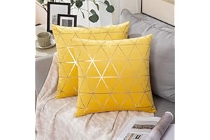 MIULEE Velvet Cushion Cover Gilded Throw Pillow Covers with Gold Lines Triangle Pattern Square Decorative Soft Home for Sofa Living Room Bedroom Lemon Yellow 18 x 18 Inch 45 x 45 cm Pack of 2