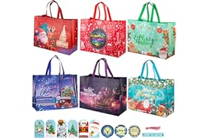 YAAVAAW 12 opakowań świątecznych toreb na zakupy, torby na prezenty wielokrotnego użytku z uchwytami, zawiera 6 dużych 33 cm, 6 bardzo dużych 43 cm wodoodpornych świątecznych toreb na zakupy, świąteczne torby