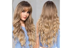 EMMOR Perruques Ombré Blond Cendré pour Femmes Perruques de Couleur en Évidence avec Frange Longue Bouclée en Fibres Synthétiques Résistantes à la Chaleur Perruques Quotidiennes d'Aspect Naturel